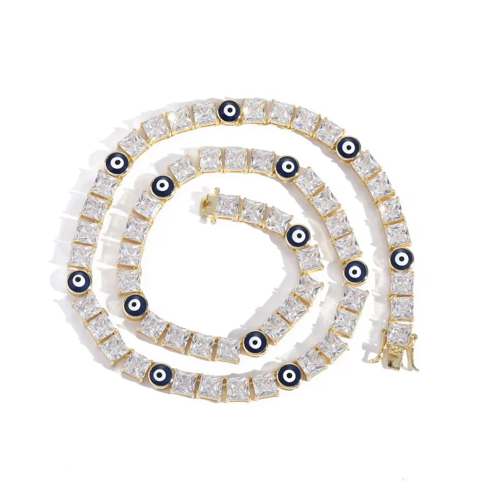 New Europe and America 6*6mm CZ Single Row Necklace Devil Eye Tennis Chain for Ladies Men Gift
