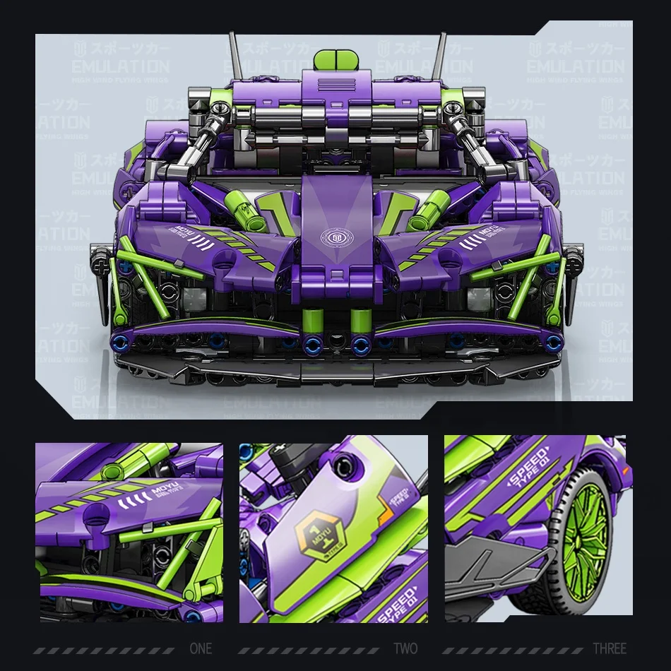 White&Purple EVO Super Racing Car 1281pcs Blocks 1:14 High Technic Simulation Design Best Gift For Home Decoration DIY Toy 8+