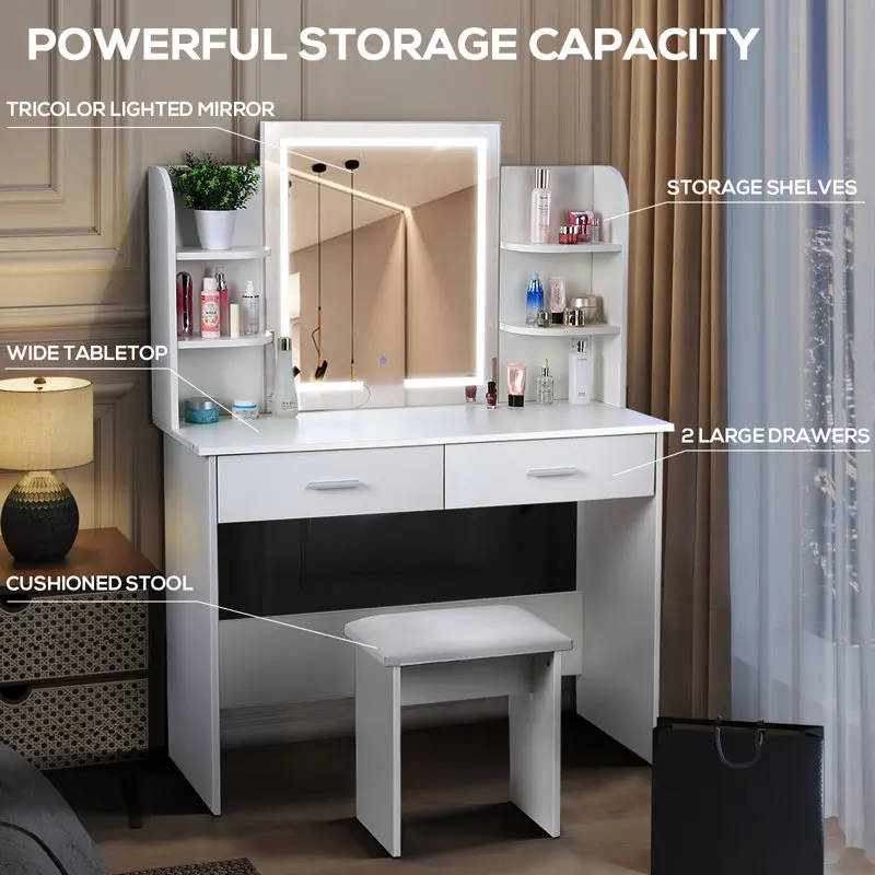 Custom Color LED Light FSC Wooden Makeup Vanity Dressing Table Set with Mirror and Drawer