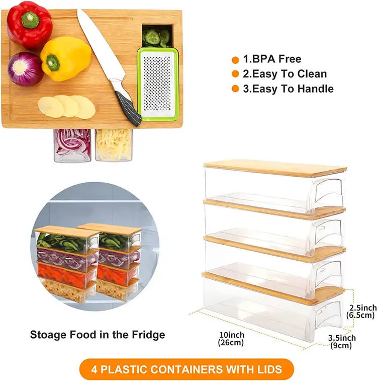 Hot sell Kitchen Large Chopping Juice Groove Bamboo Cutting Board With 4 Acrylic Drawers Food Storage Tray