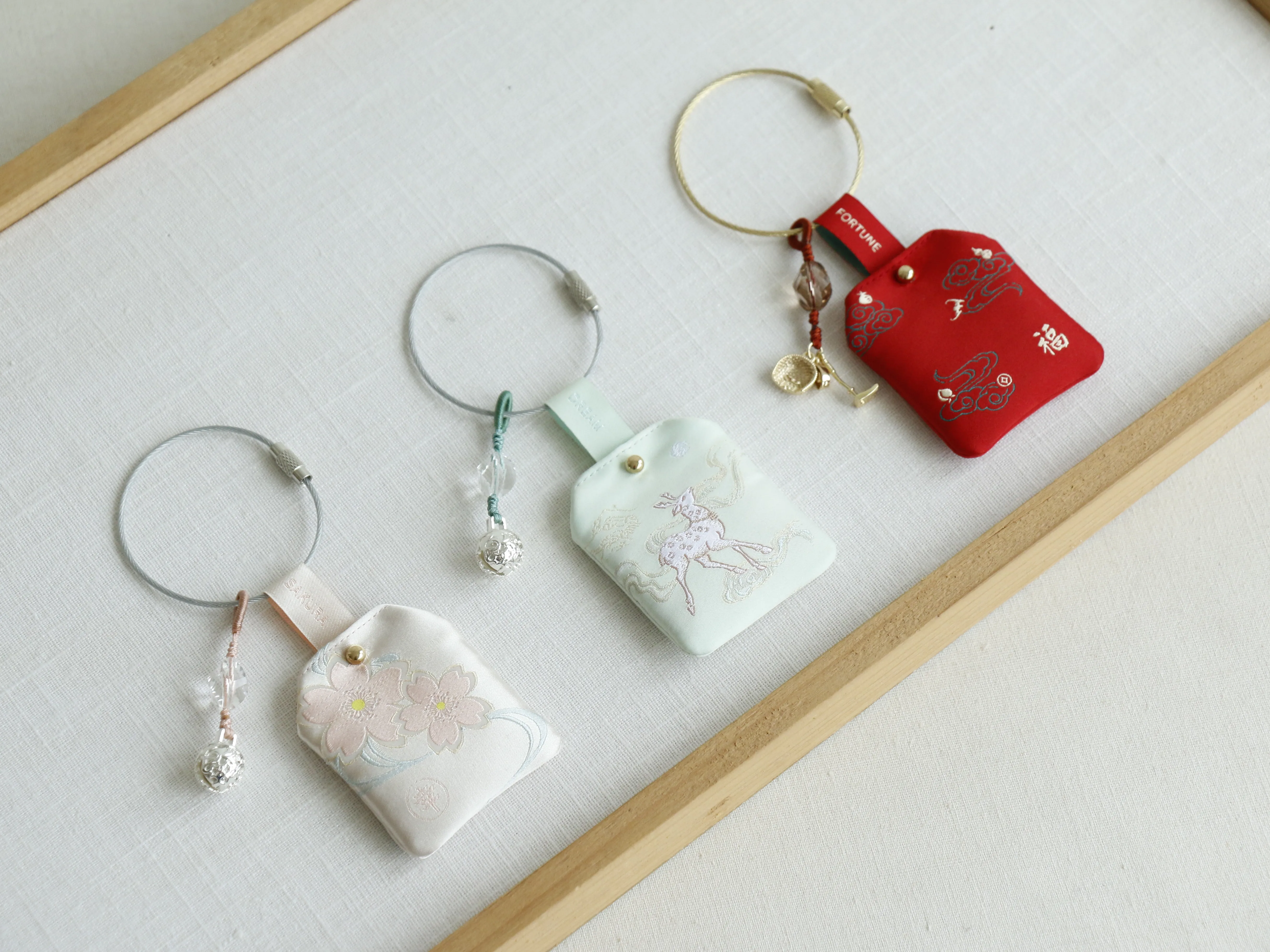 Creative Unique Embroidery Design Pray Keychain Gift  Pray Fortune Pendant  Hanging Decoration Cherry Key Chain