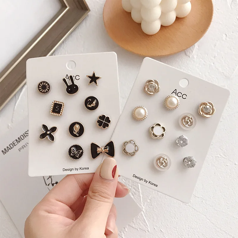 Pack Cute Enamel Brooches Pins Pearl Neckline Small Collar Lapel Pin Buckle Fixed Clothes Invisible Brooch Jewelry Sets