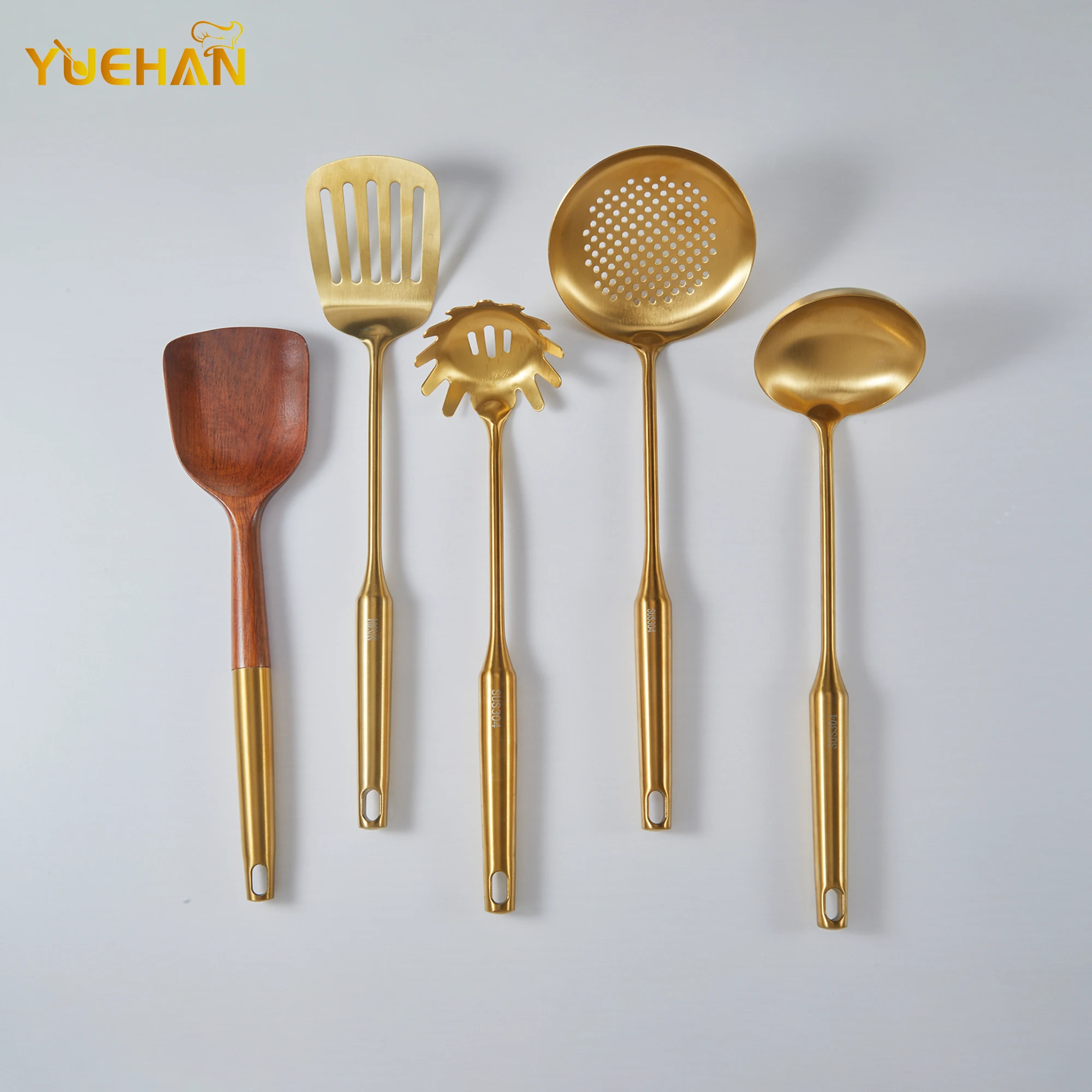 Latest Design 5 to 12 Pcs Wood and Gold Color Best Gadgets Home Cooking Tools Wholesale Kitchen Utensil Set