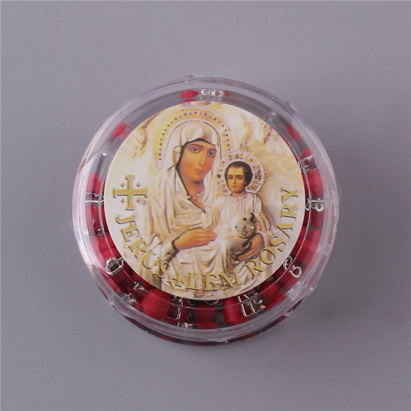 Religious Catholic Jewelry Charm Pendant Chain Necklaces 6mm Rose Scented Red Wooden Beads Rosary with Virgin Mary Box