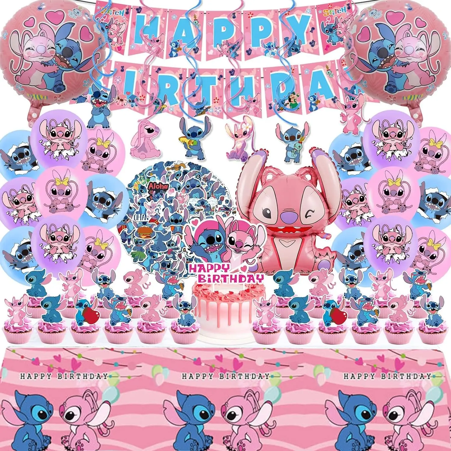 Birthday decoration set includes banner, balloons, stickers, hanging swirls, cake cupcake toppers