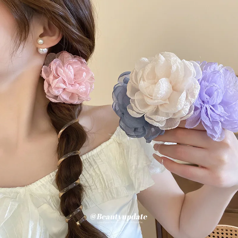 Net Yarn Flowers Telephone Line Hair Rope Korean Fashion Back Head Ponytail Sweet Elastic Accessories