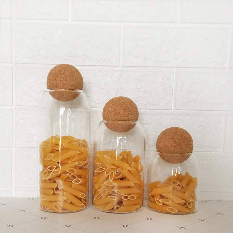 Set of 3 glass jars with ball cork stoppers set kitchen pantry canisters household glass containers