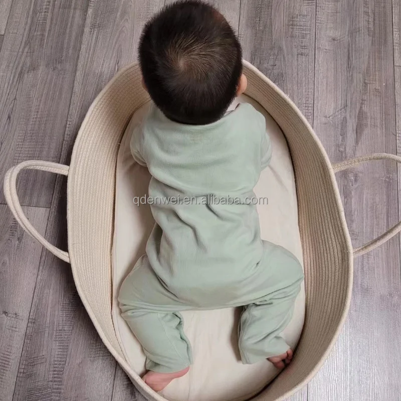 Cotton Rope Moses Basket Baby Diaper Changing Table Newborn Bassinet Crochet basket Thick Foam Pad with Removable Cover