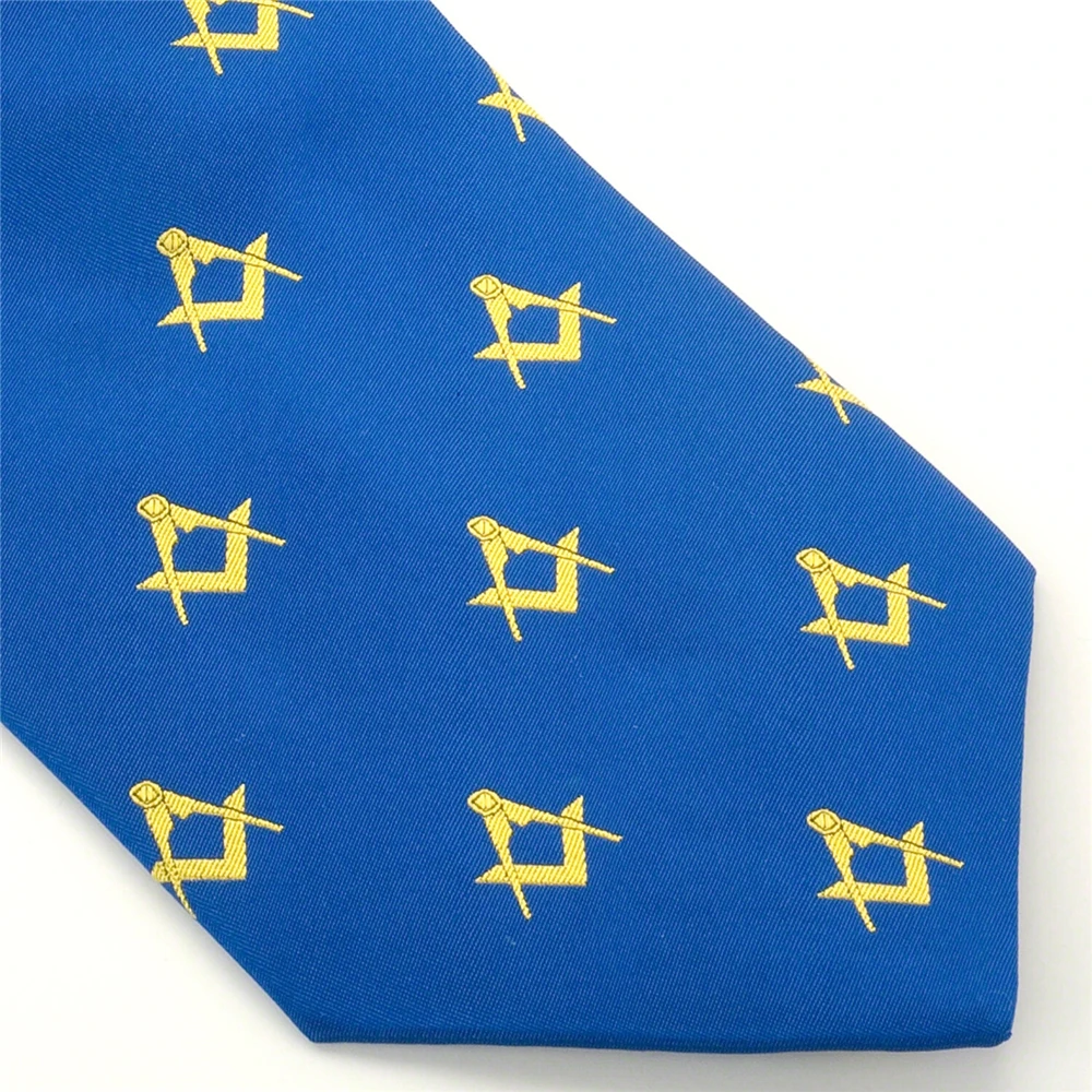 Blue and Yellow Square & Compass Design Masonic Logo Necktie Microfiber Polyester Woven with Jacquard Pattern