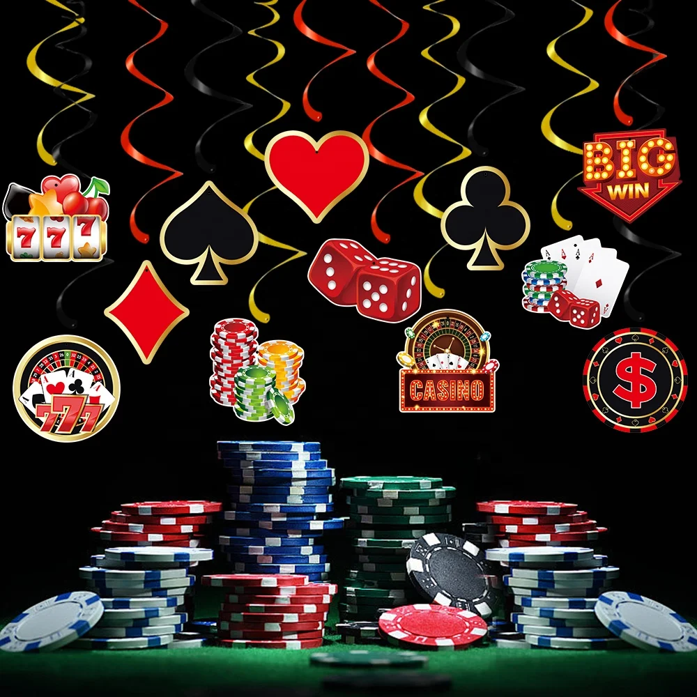 12pcs Casino Party Decor Hanging Swirls Poker Party Supplies Ceiling Hanging Swirls Poker Games Night Birthday Party Decorations