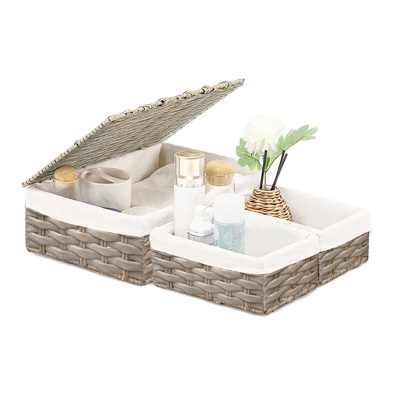 Set of 3 Handmade Decorative Home Storage Basket Wicker Baskets for Organizing Shelf Baskets with lid