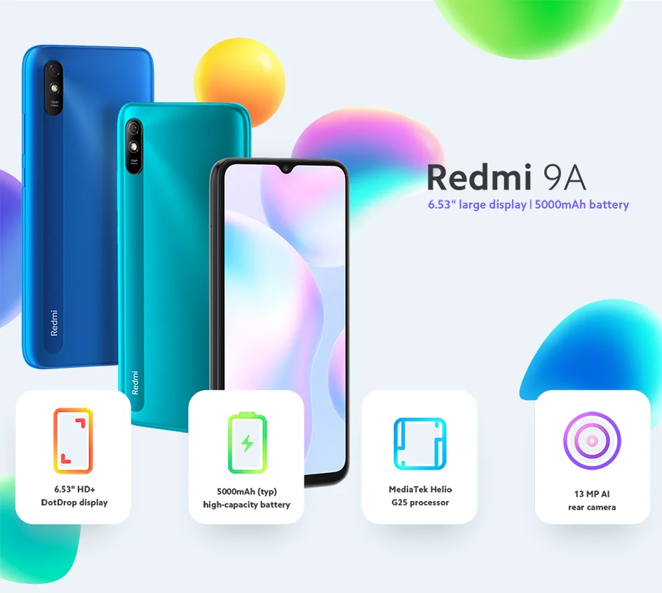 Смартфон Xiaomi Redmi 9A 2 + 32 ГБ 5000 мАч 8 ядер 6 53 дюйма 13