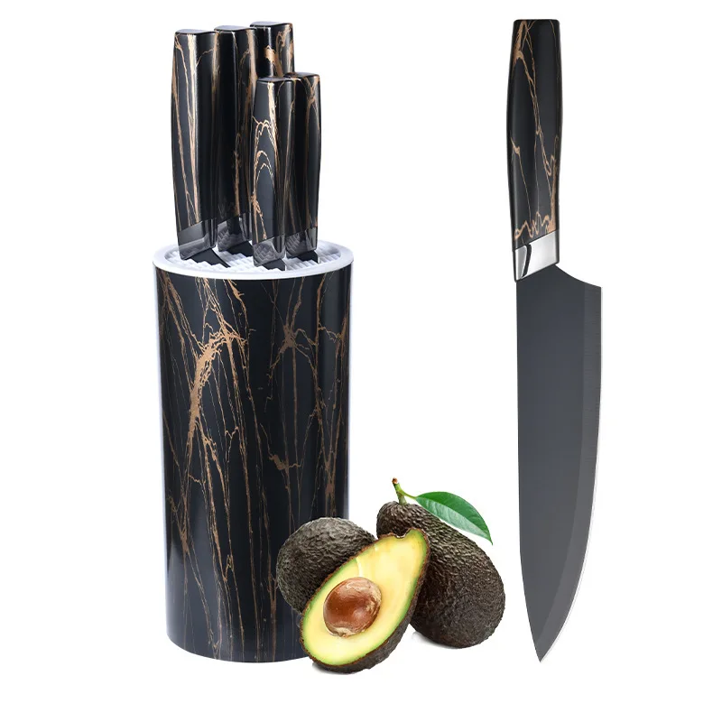 New Design kitchen knifes 6 piece set with block PP handle rose gold coating blade black blade Chef Knife set