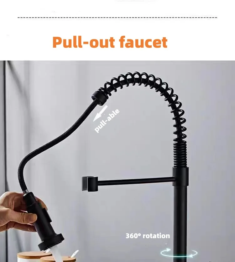 Deck Mounted  Stainless Steel Hot Cold Water Flexible Hoses Single Handle Pull-Out Kitchen Faucets
