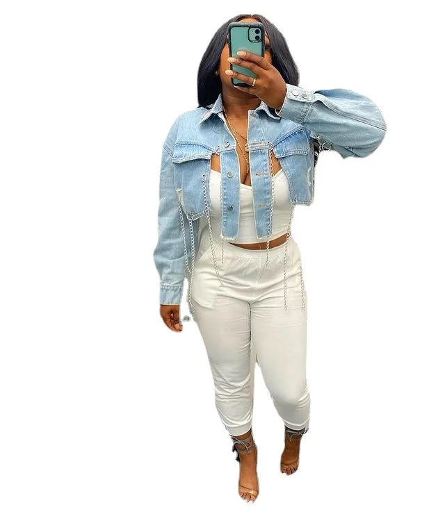 Autumn Casual Chain Decoration Outerwear New Fashion Frayed Sky Blue Single Breasted Cardigan Denim Coat Women Fall Jackets 2021