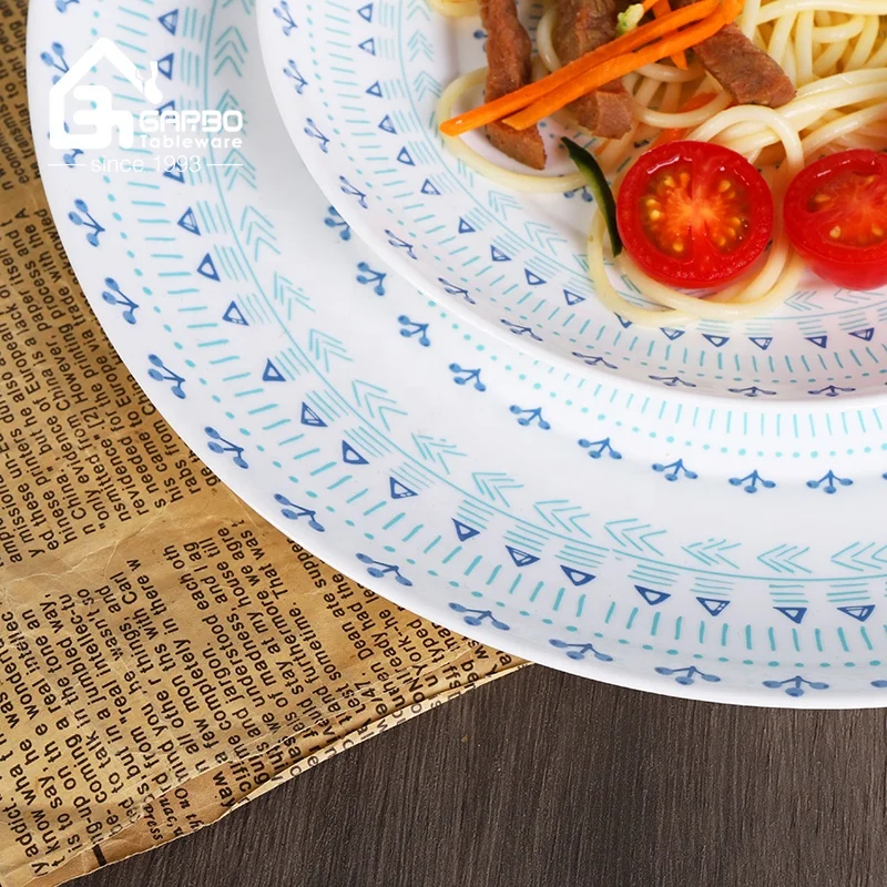 Cheap opal glassware dinner set custom 12inch opal plates set with bohemian style decal for Christmas and Wedding Festival Gift