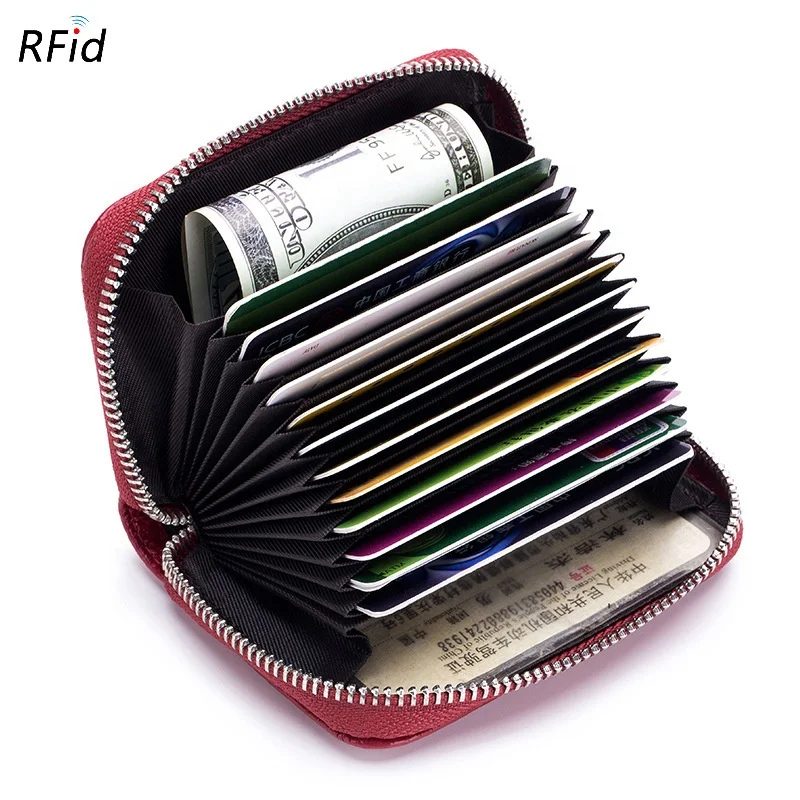 Compact Size Genuine leather KeyChain Credit Card Wallet Zipper Card Cases Holder for Men Women with RFID Blocking 12/24 Slots