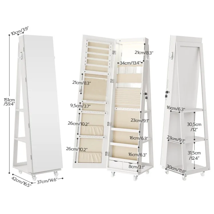 360° Rotating Jewelry Organizer Cabinet with LED Lights, Lockable Standing Jewelry Armoire with Full Length Makeup Mirror