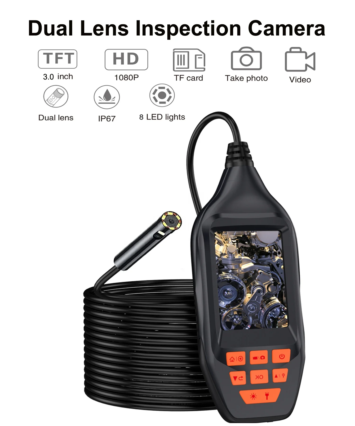 Professional Dual Lens Endoscope Camera 8mm HD1080P Portable IP67 Waterproof Inspection Borescope Camera For Car Repair