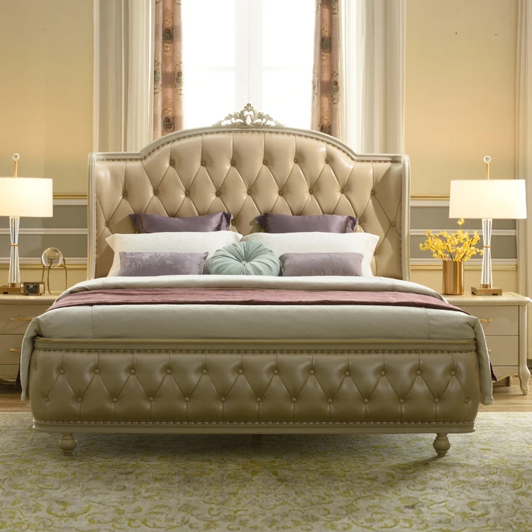 American Style Bedroom Furniture Design Solid Wood Double Leather Bed
