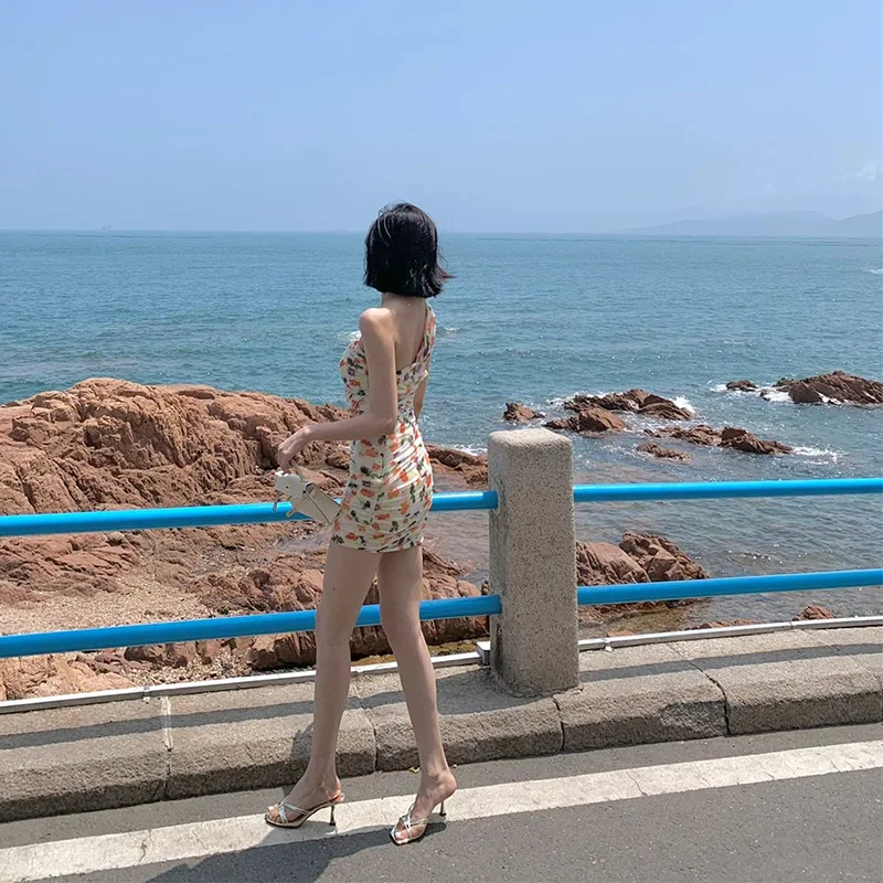 Custom halter skirt summer new French floral oblique shoulder top dress female