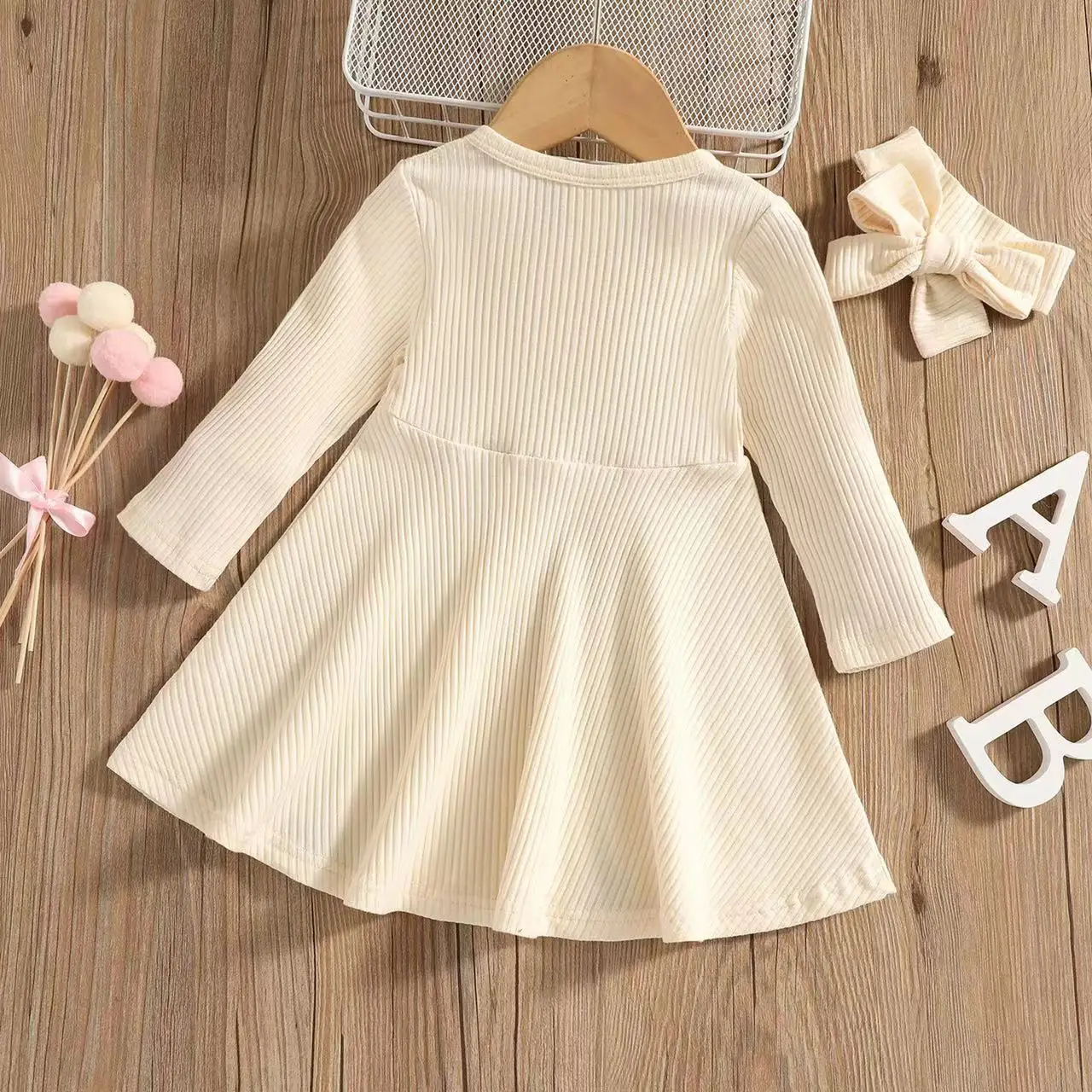 Hot Sale Infant Toddler Kids Baby Girls Dress Soft Knitted Long Sleeve Button Dresses For Girls Autumn Spring Clothing