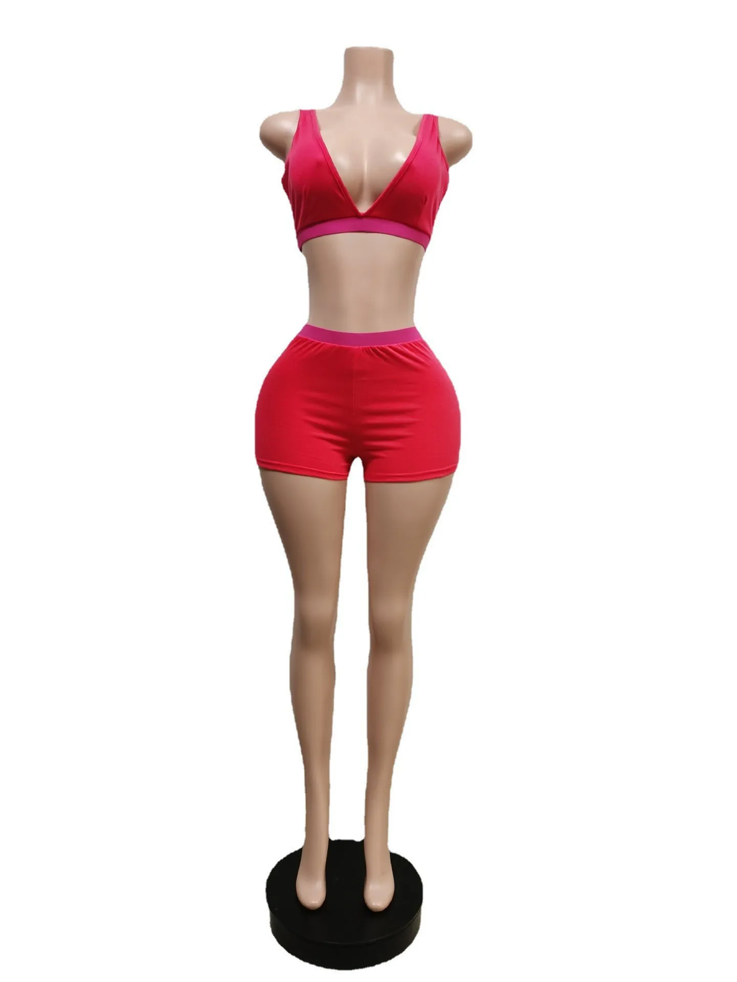 tights Fitness Women 2 Pieces Set Solid Sleeveless Low V-Neck Tank Top Biker Shorts Set Summer Clothes Matching Sets