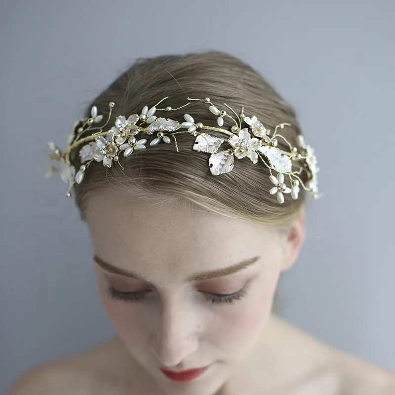 Светлый 14 K позолоченный белый окрашенный лист жемчуг свадебные волосы лоза ювелирные изделия