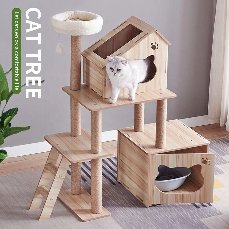 Wooden cats condo indoor pet furniture tower sisal rope scratching posts cat litter cabinet cat tree for large big catss