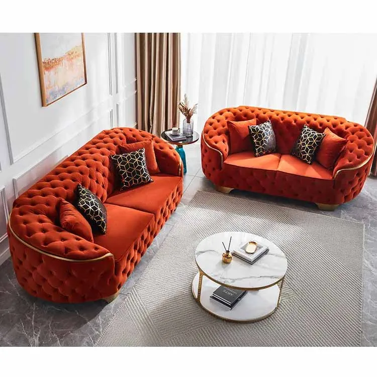 Luxury Living Room Stainless Steel Lounge Sofa 2-3 Seater Velvet Upholster Couch For Home Hotel