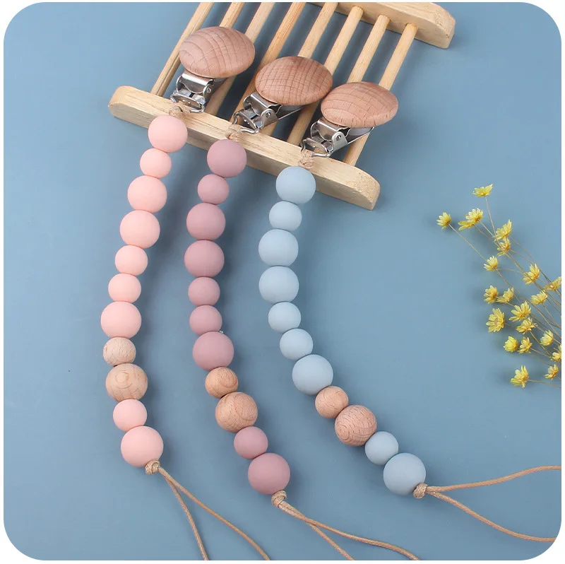 Organic Safe Beechwood Pacifier Holder For Kids Babies Silicone Pacifier Safe Anti-off Food Grade Safety Dummy Clip