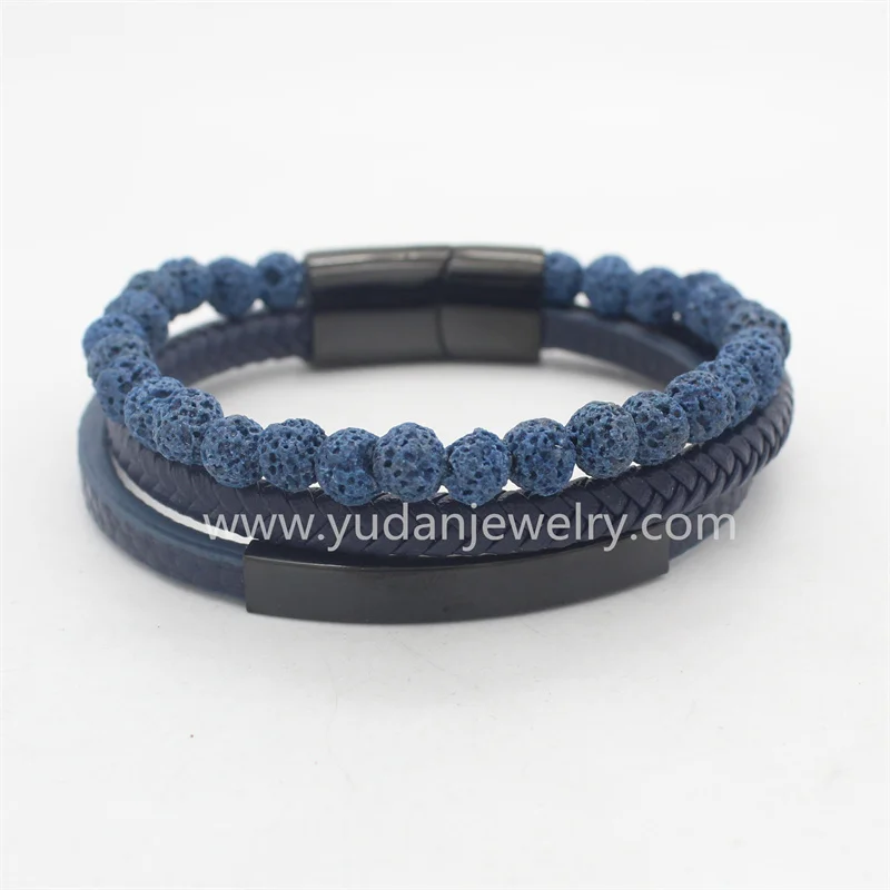 New Mens Leather Bead Bracelet Braided Lava Bead Leather Bangle for Men