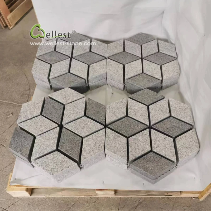 supply golden supplier natural stone grey pattern 3D design granite cobbles stone driveway paver on mesh, plaza paving stone