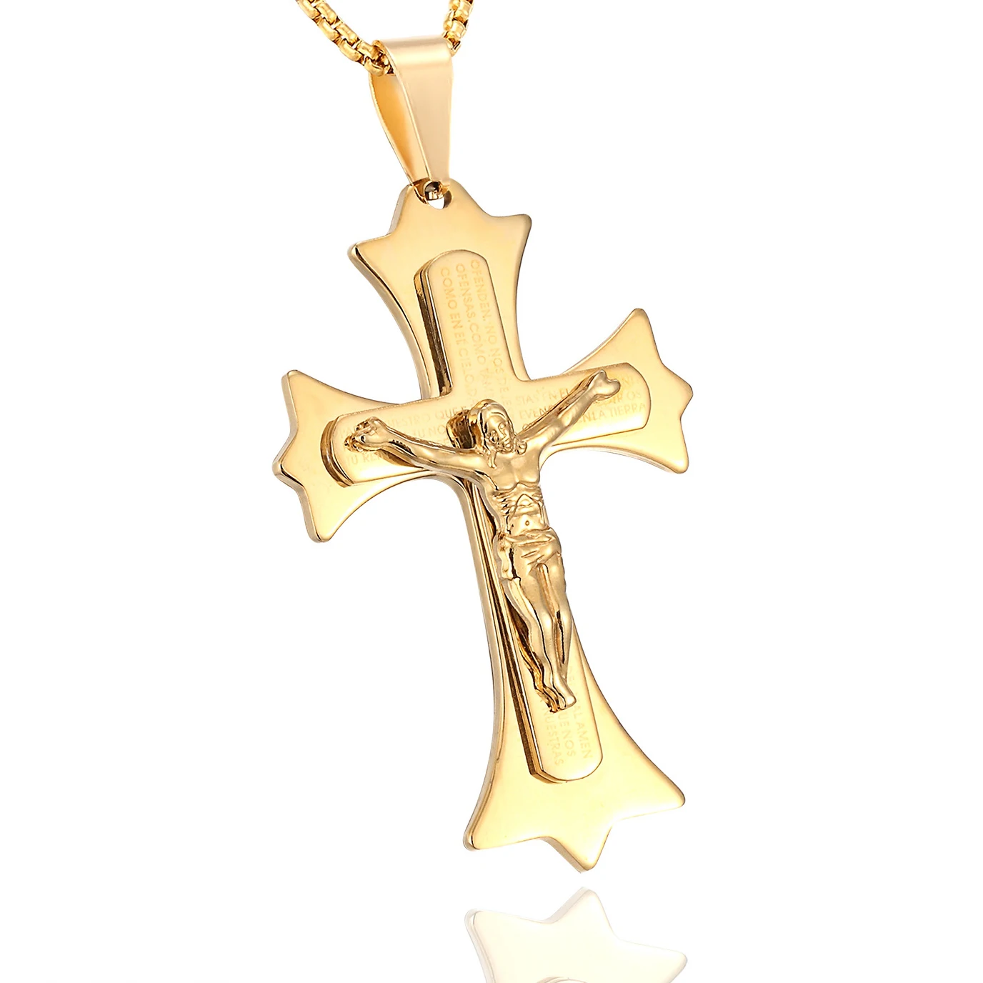 High Polished PVD Gold Plating Three Layer Stainless Steel Cross Pendant Necklace For Men