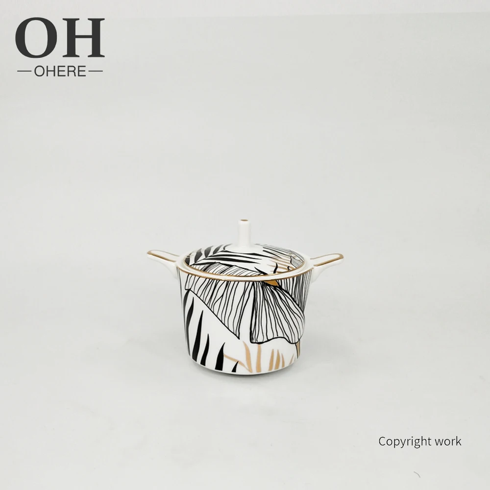 2022 New high-end luxury  charger plate coffee cup and saucer sets black and gold leaves for wedding dinnerware sets