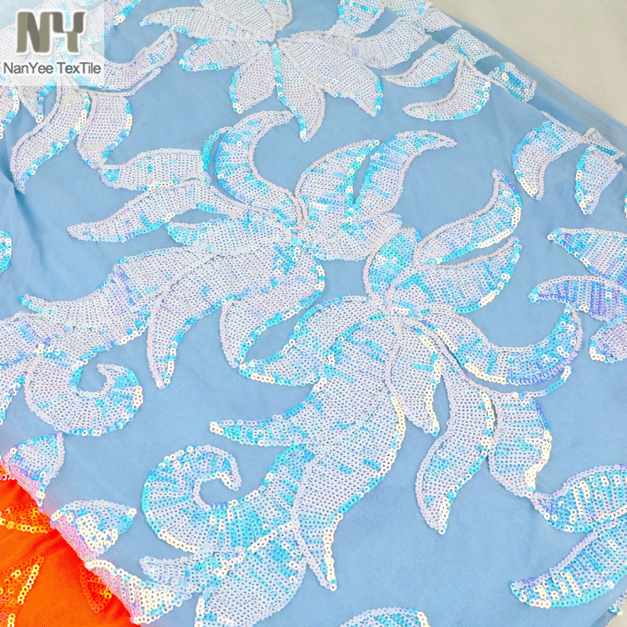 Nanyee Textile 3mm Micro Blue Iridescent Sequin Embroidered On Power Mesh