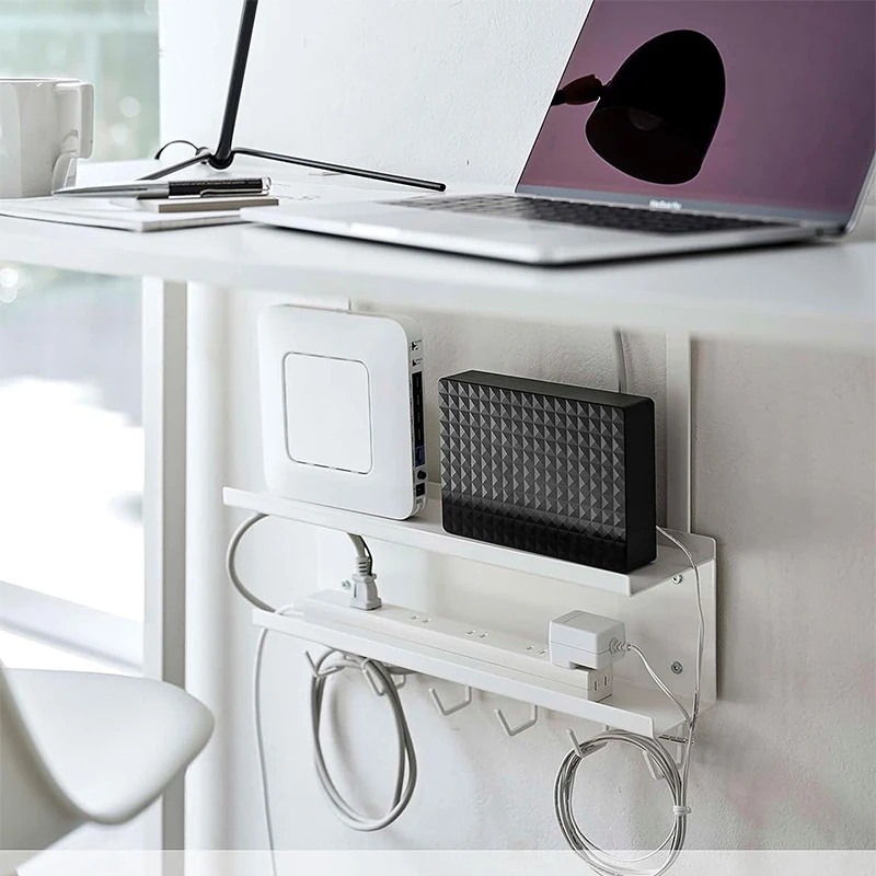 2 Tier Hanging Wire management Holder living room Under Desk router Organizer rack Tray metal With hooks Socket manager shelf