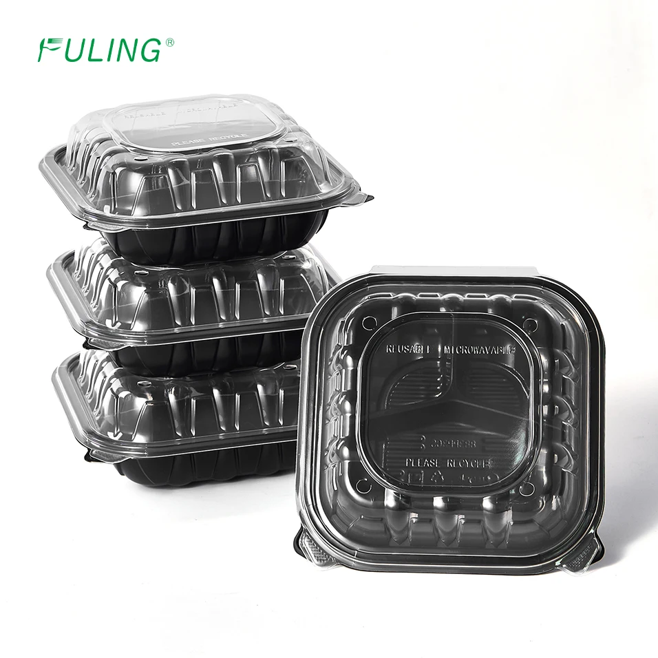 FULING 8x8 Inch Clamshell To Go Food Box MFPP Disposable Black Meal Prep Container With Clear Hinged Lid