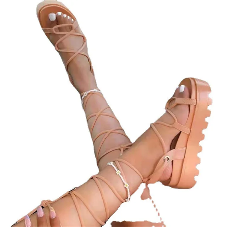New Fashion Ladies Outdoor Platform Chunky Gladiator Sandals Femme Shoes Open Toe Lace Up Anti-slip Flat Sandals