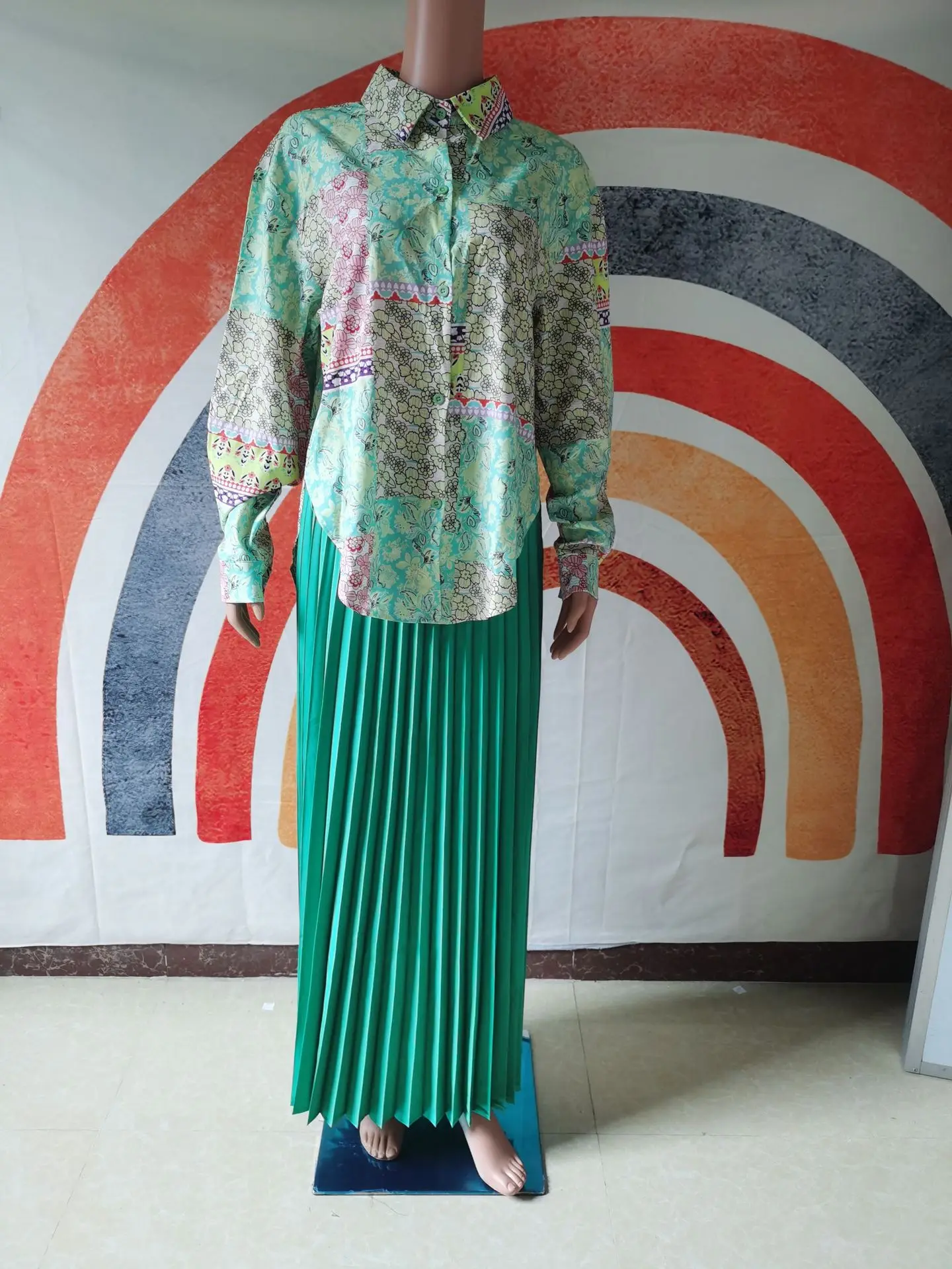 Women Modest Set Fashion Loose Patchwork Button Long Tops Blouse Elegant High Waist Pleated Skirt 2pcs Suit