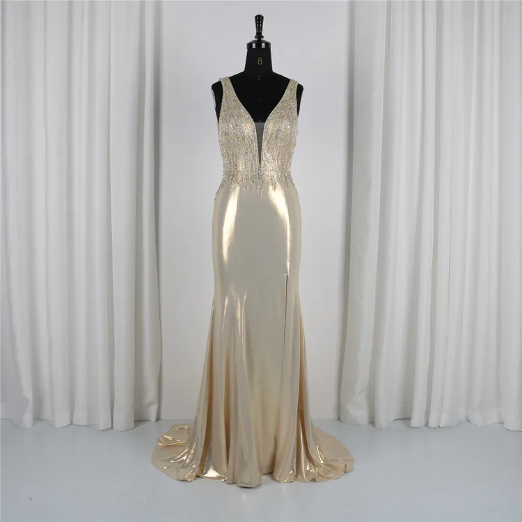 
New Arrival V Neck Shiny Beaded Sleeveless Mermaid Gown Custom Evening Maxi Dress Fancy Prom Dress 