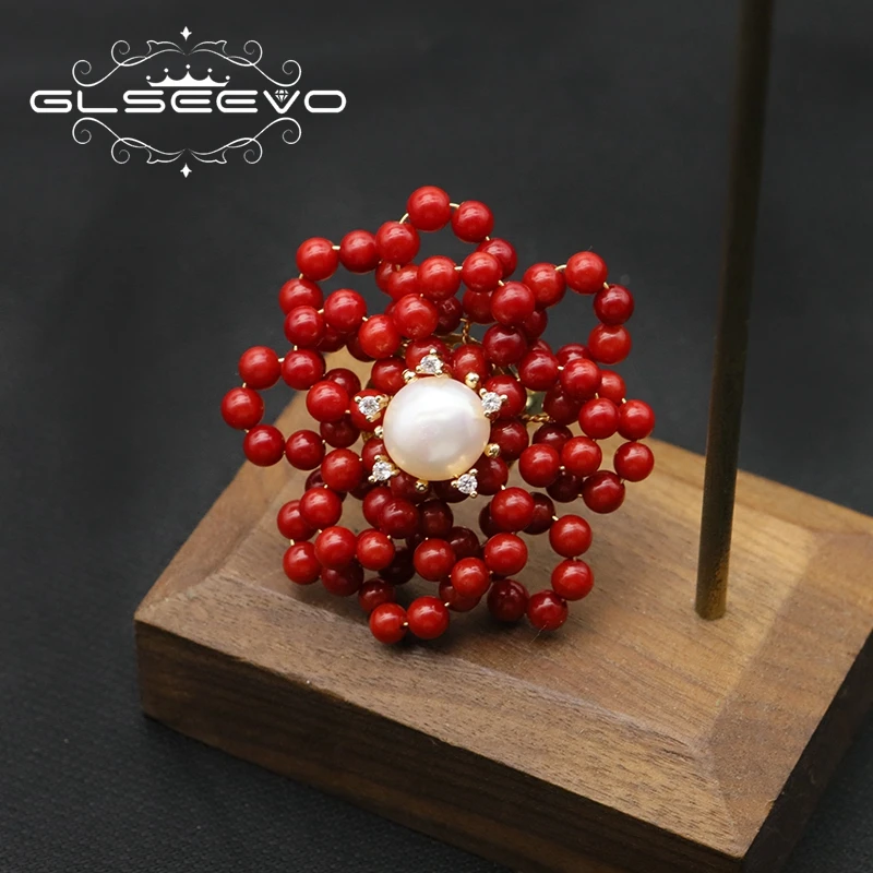 Natural Pearl Multilayer Red Coral Flower Handmade rings 18K Gold Plated Trendy Beaded rings for women  girls Jewelry