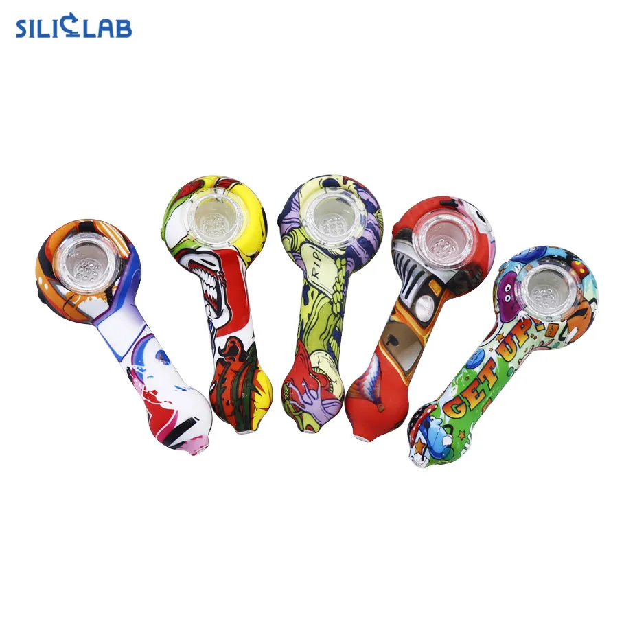 Декоративные мультфильм печатных табака воды Smoke Weed Аксессуары Длинные трубы стеклянная курительная чаша