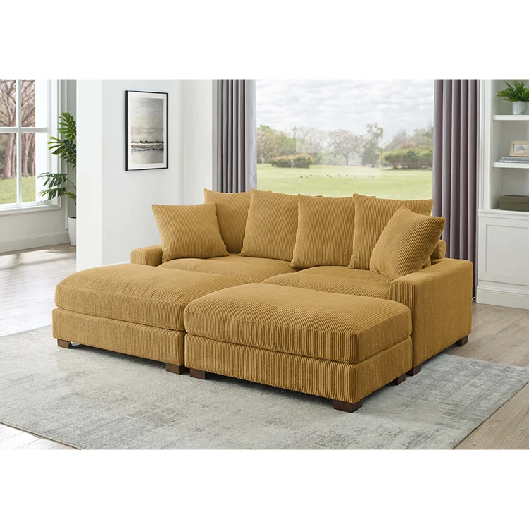Modern Deep seated Reversible Design Velvet 2 Seater L shape Sofas With 2 Ottomans