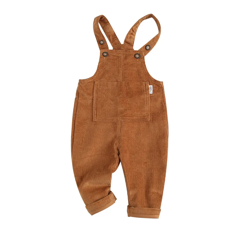 Kids Beige Corduroy Pants With Pocket Baby Boy Brown Loose Casual Pants Overall