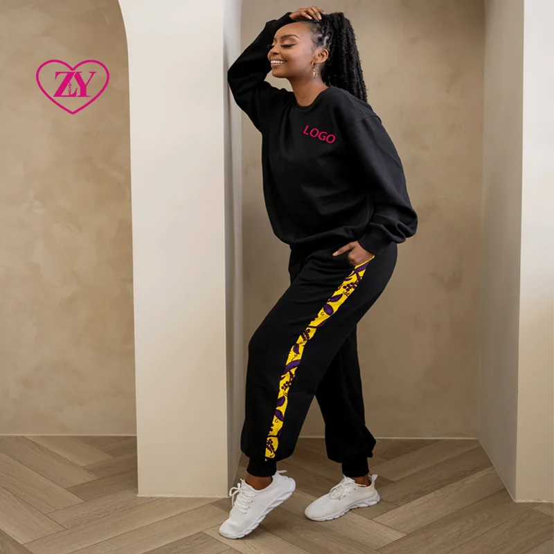 Wholesale Custom Black Sweatshirt Set with African Print Side Stripe Pants Fashion Comfortable Loungewear Sportswear