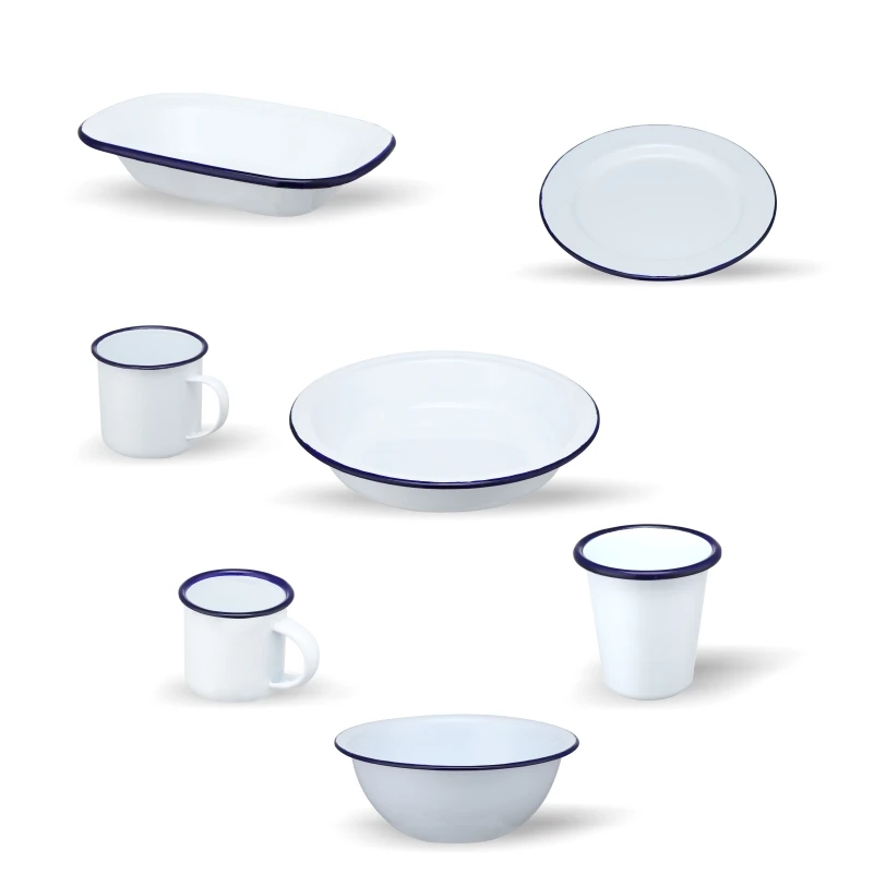 Sunnex Durable Steel Inner Blue Rim White Bowl Plate Cup Dish Mug Enamel Coating Tableware for Restaurant Hotel Crockery