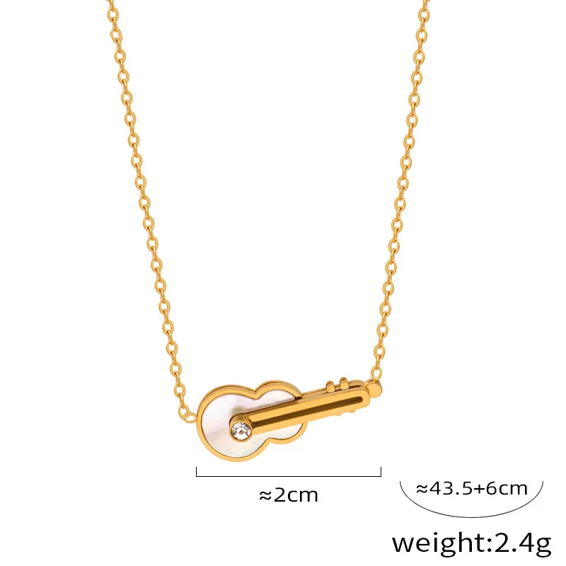 Simple Stainless Steel Gold Plated  White Shell Musical Instrument Guitar Violin Shape Cubic Zirconia Pendant Necklace for Women
