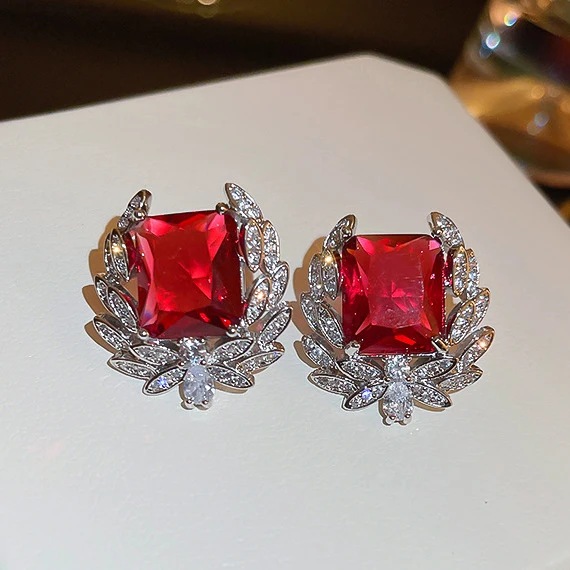 CAOSHI Sparking Cubic Zirconia Red Large Crystal Earrings for Women Silver Plated Fashion Jewelry Wholesale CZ Stud Earrings OEM