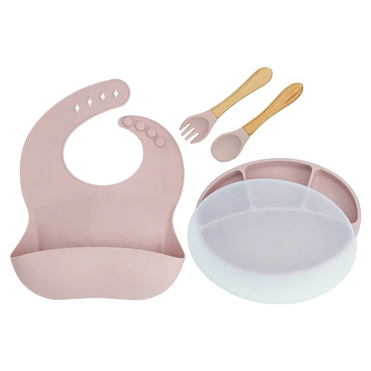  Amazon Baby Top Seller Product Sourcing Feeding Plate Set BPA Free Silicone Suction Dish and Spoon Bamboo